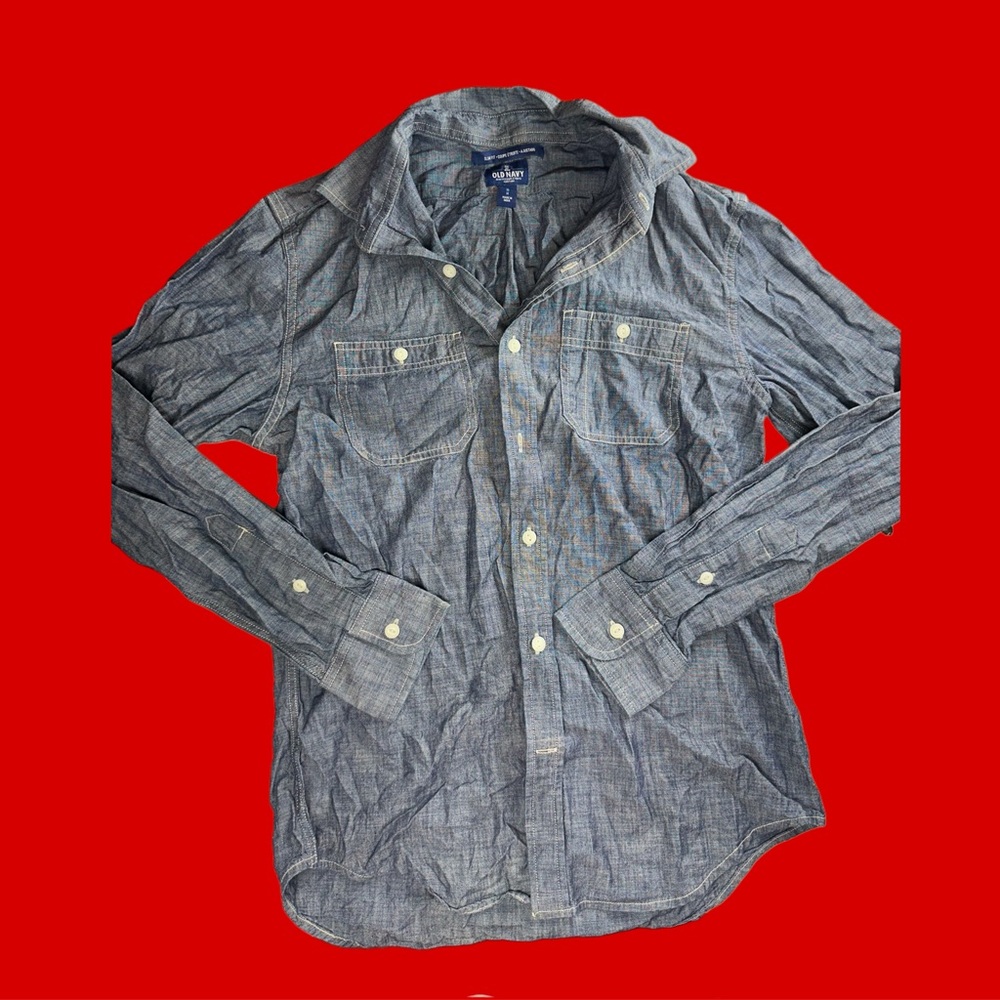 Old Navy Slim Fit Mens Denim Blue Long Sleeve Button Up Dress Shirt Size M